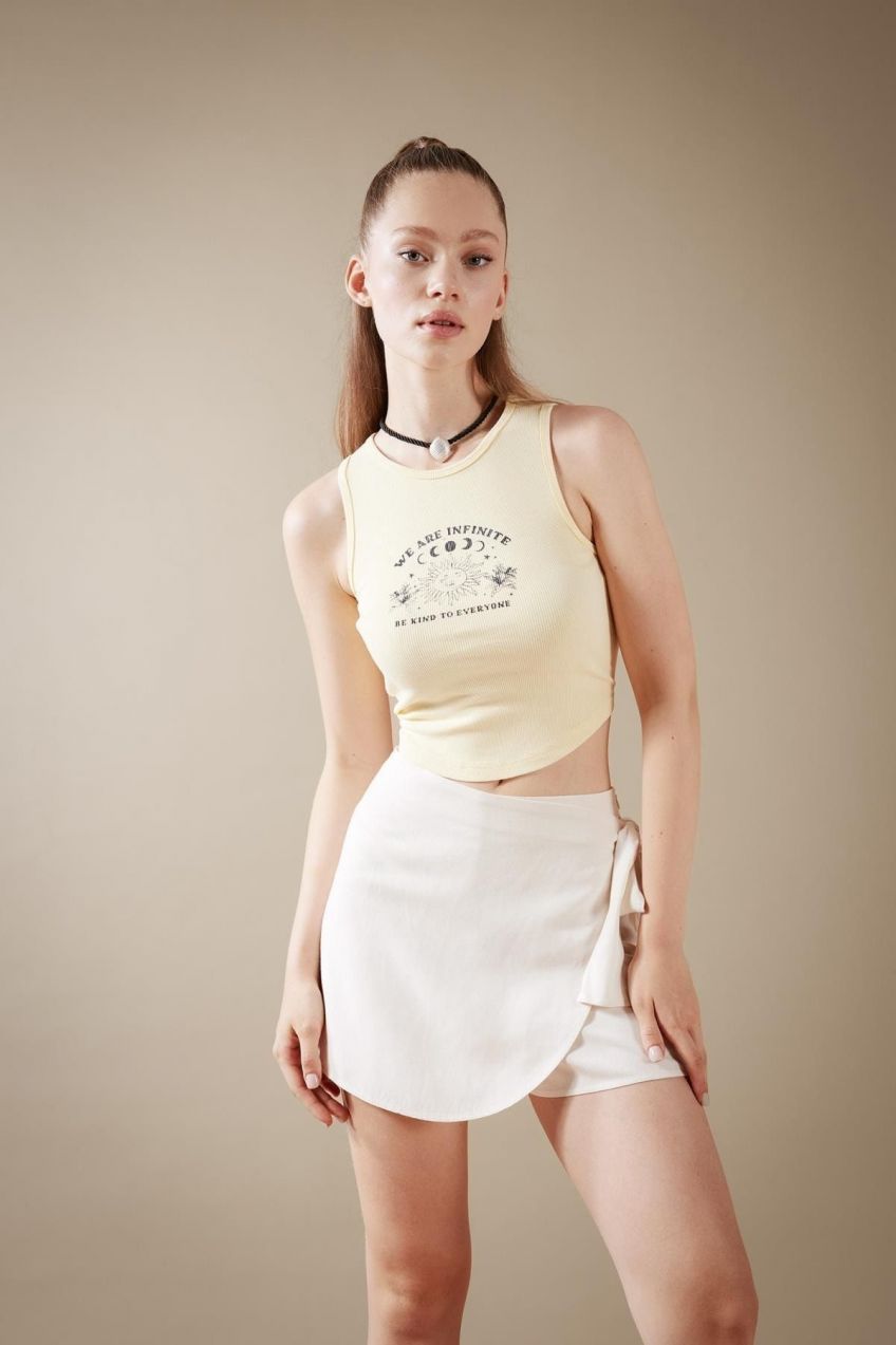 DEFACTO Fitted Printed Crew Neck Ribbed Camisole Washed Pale Effect Undershirt