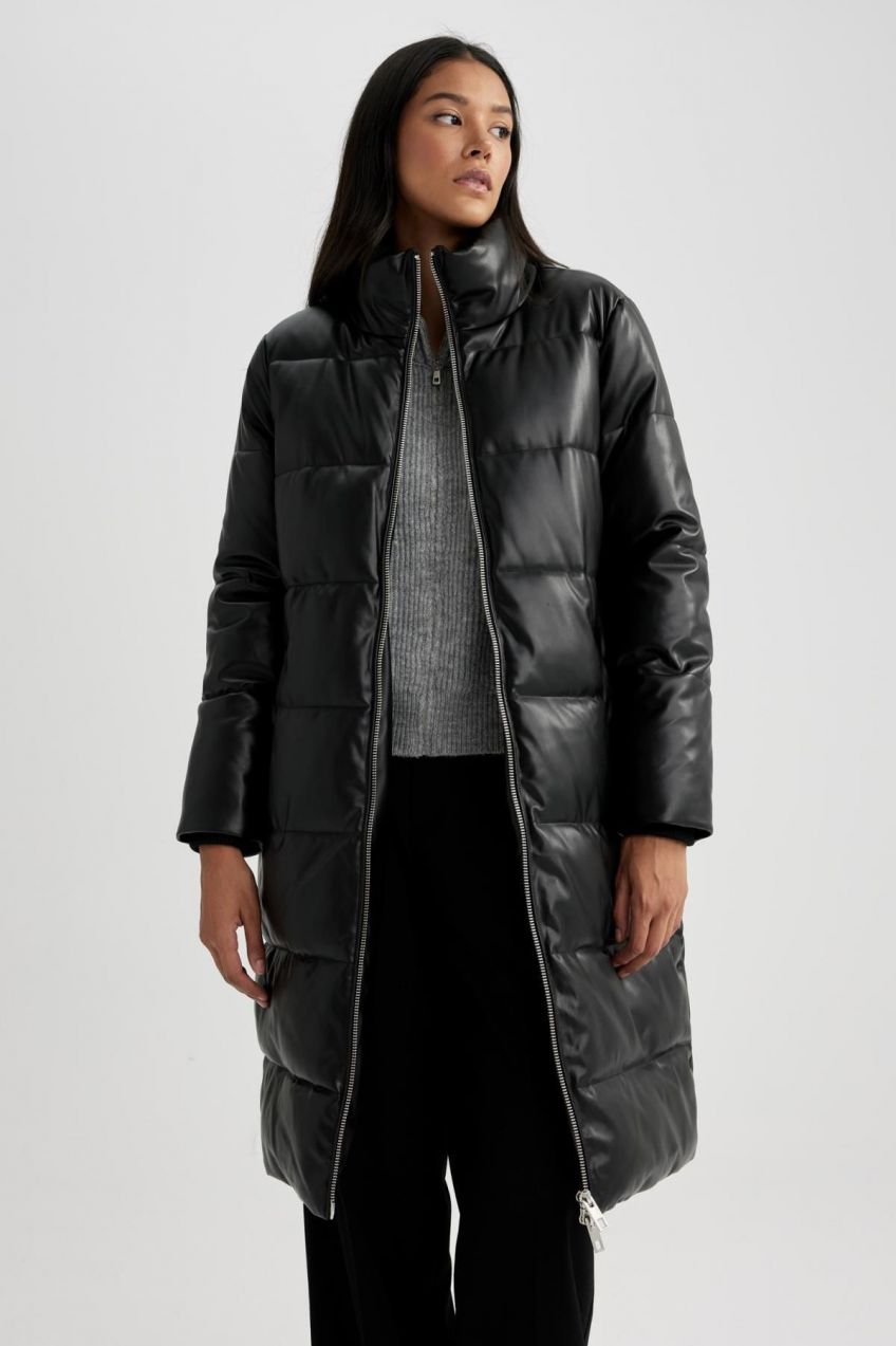 DEFACTO Waterproof Relax Fit Faux Leather Coat Parka