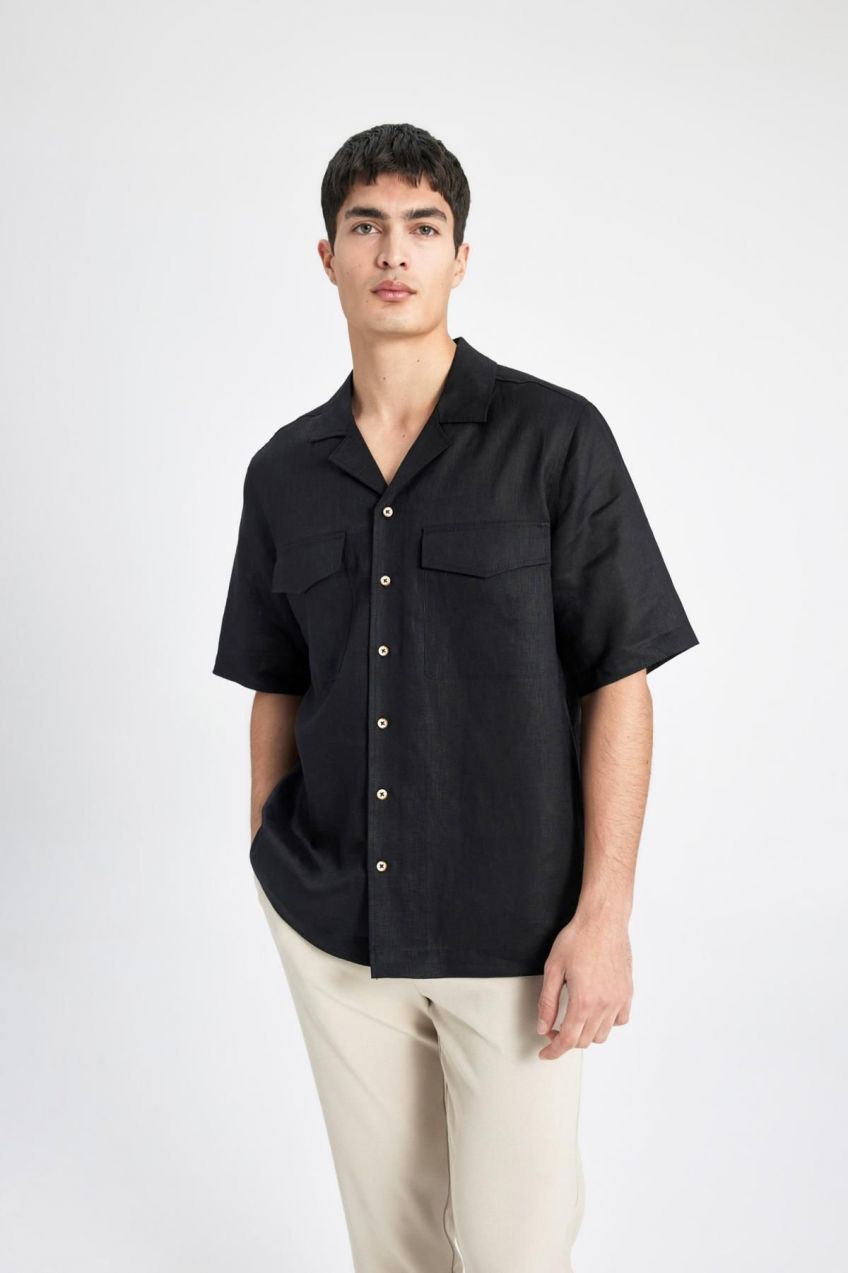 DEFACTO Relax Fit Polo Neck Linen Short Sleeve Shirt