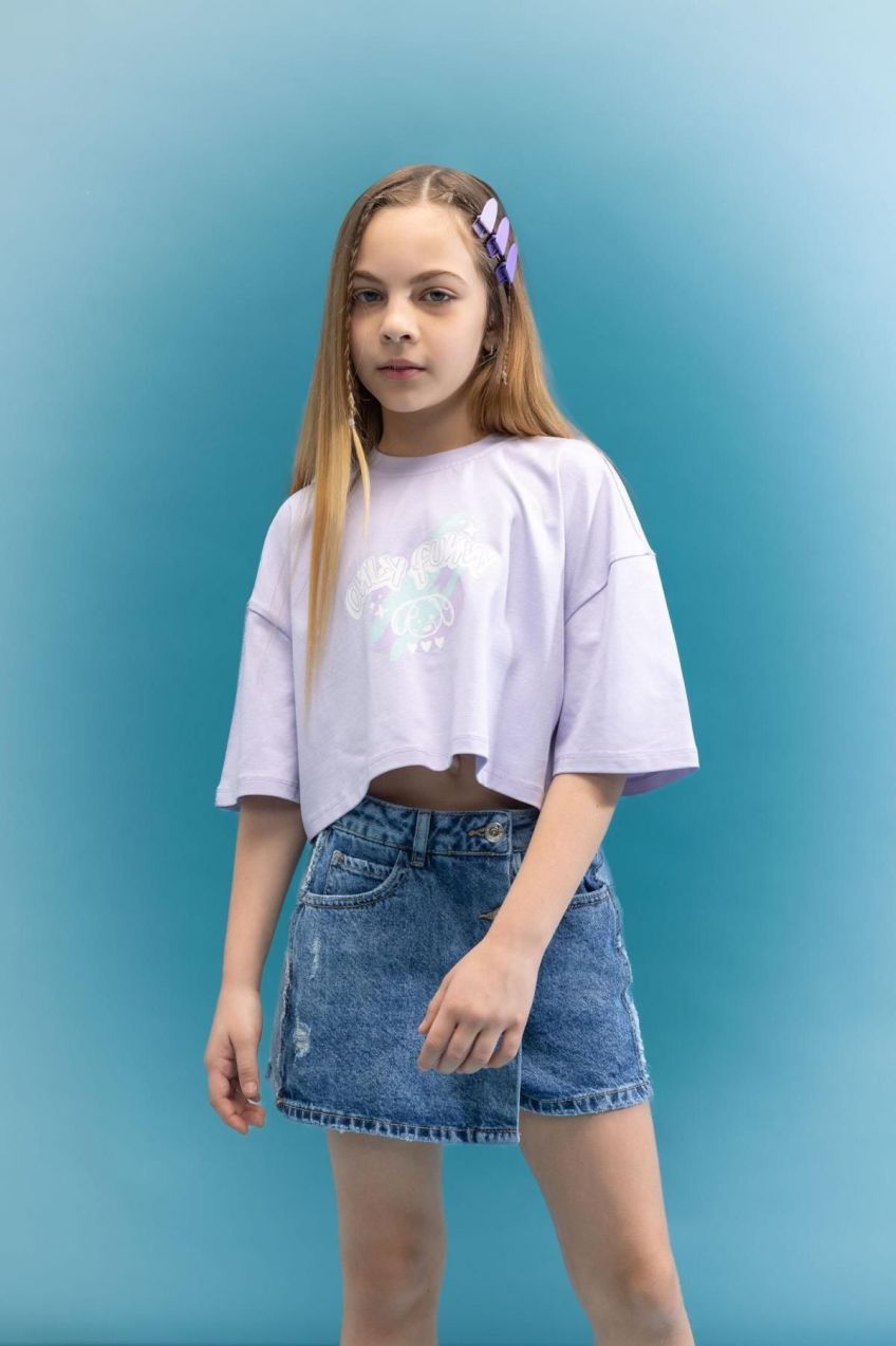 DEFACTO Girls Crop Glow In The Dark Printed Short Sleeve T-Shirt