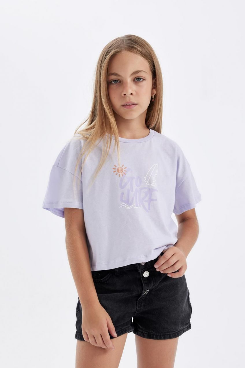 DEFACTO Girls Crop Crew Neck Printed 2-Piece Short Sleeve T-Shirt
