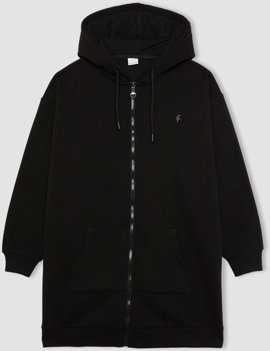 DEFACTO Fit Long Fit Hooded Pocket Zippered Thick Sweatshirt