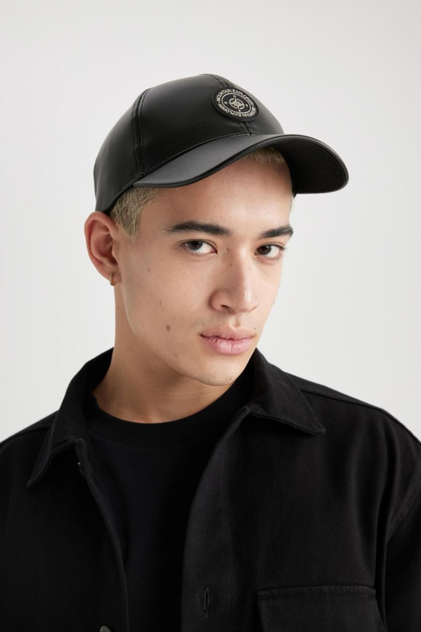 DEFACTO Men's Label Printed Faux Leather Baseball Basketball Cap