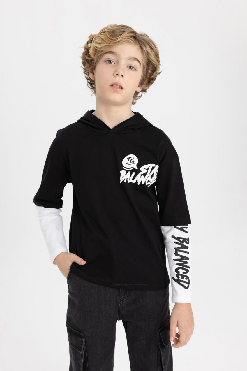 DEFACTO Boys' Oversize Fit Hooded Printed Long Sleeve T-Shirt