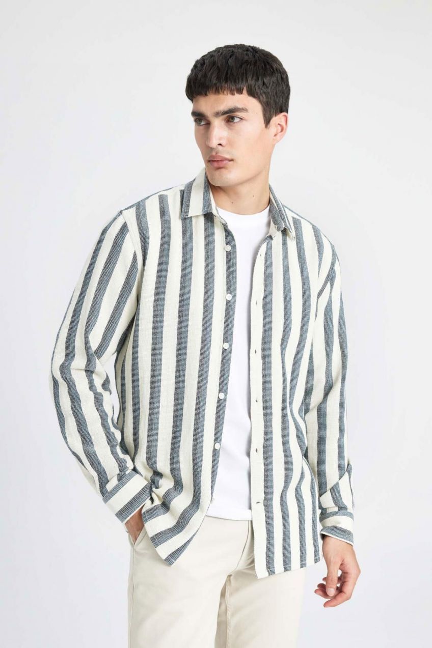 DEFACTO Regular Fit Polo Neck Cotton Striped Long Sleeve Shirt