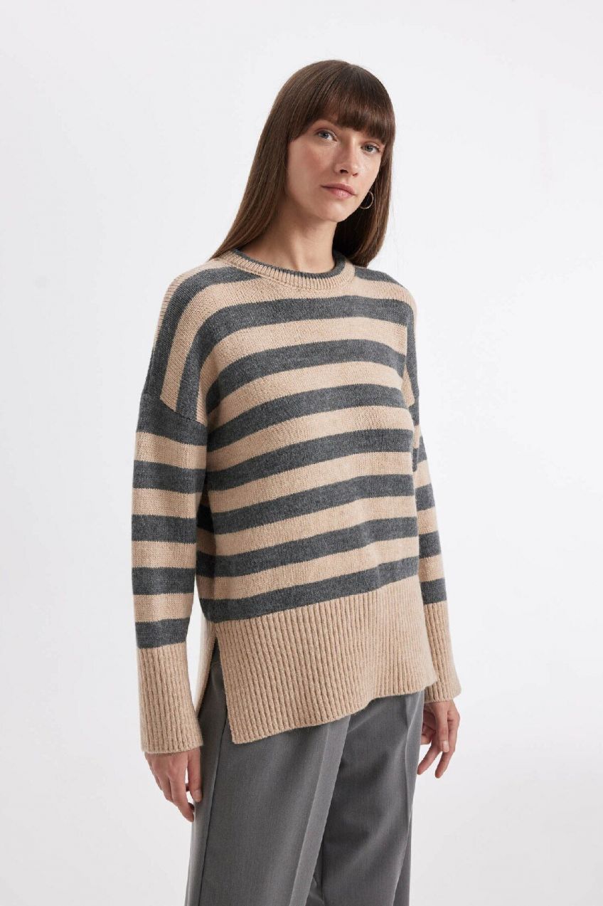 DEFACTO Oversize Fit Striped Crew Neck Sweater