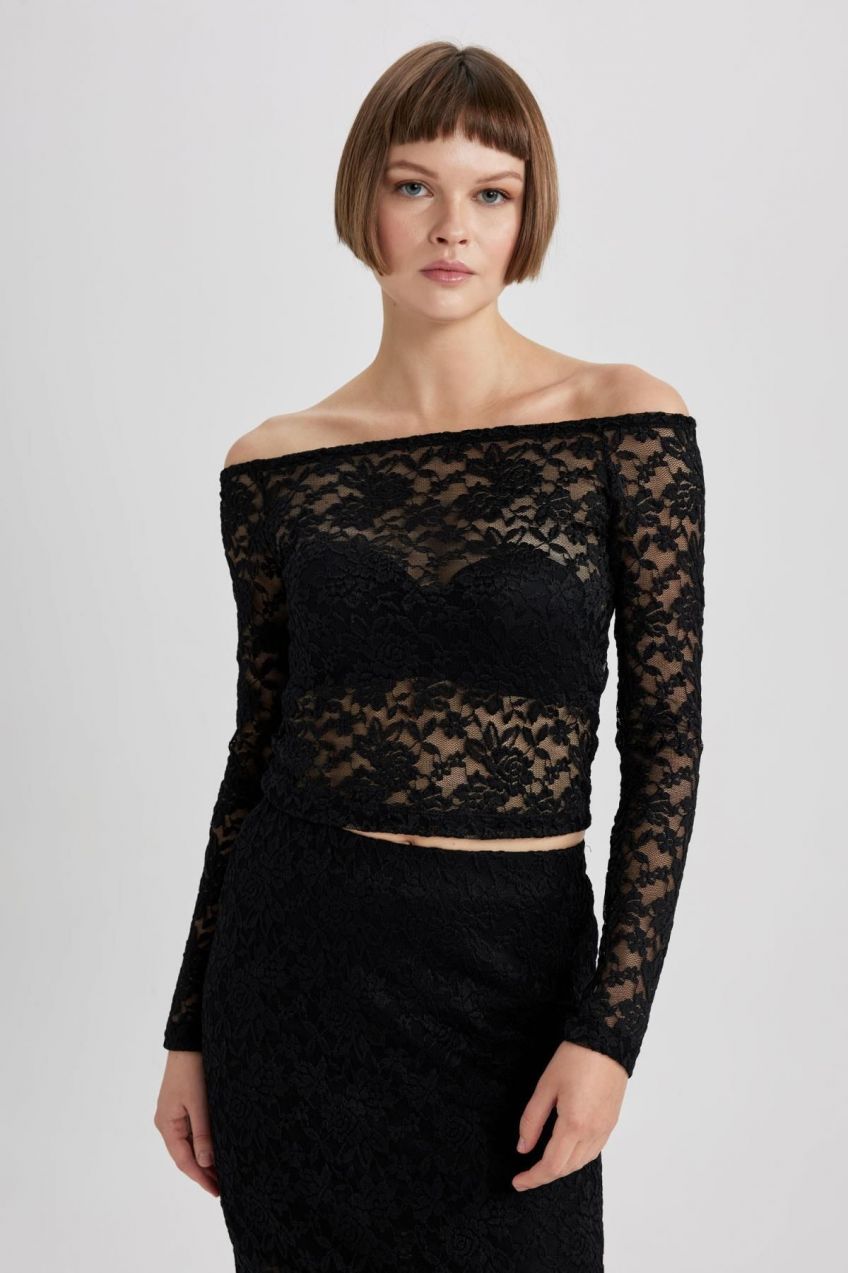 DEFACTO Slim Fit Off Shoulder Long Sleeve Lace T-Shirt