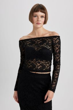 DEFACTO Slim Fit Off Shoulder Long Sleeve Lace T-Shirt