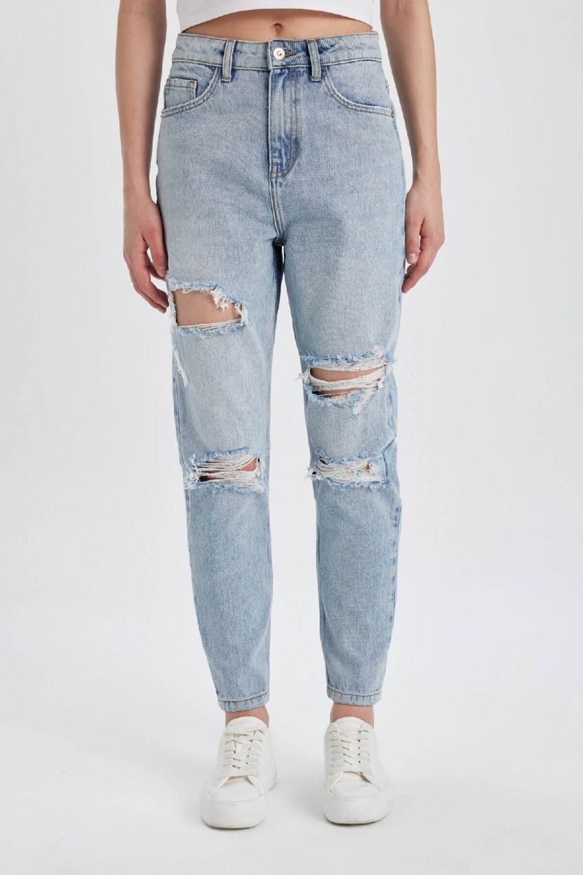 DEFACTO Mom Fit Ripped Detail High Waist Ankle Length Jean Washed Trousers