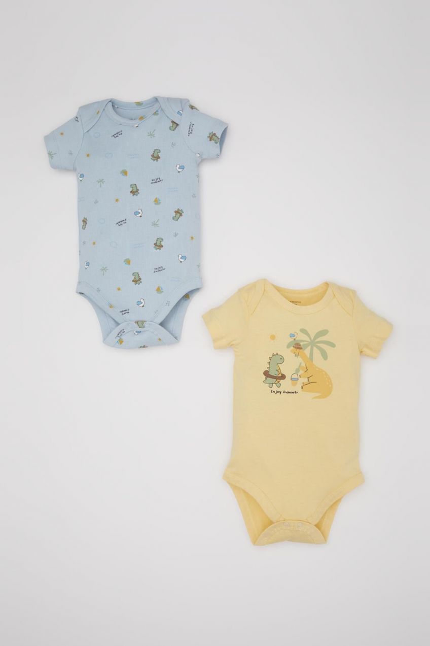 DEFACTO Baby Boy Newborn Envelope Collar Dinosaur Printed Ribbed Camisole 2-Piece Short Sleeve Snap Fastener Body C8820
