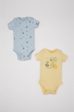 DEFACTO Baby Boy Newborn Envelope Collar Dinosaur Printed Ribbed Camisole 2-Piece Short Sleeve Snap Fastener Body C8820