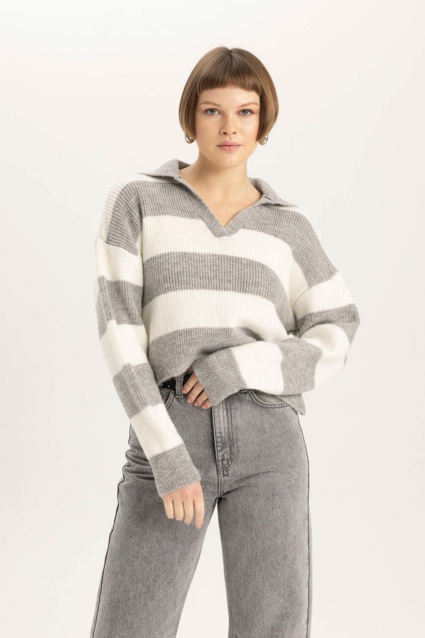 DEFACTO Relax Fit Polo Collar Striped Thessaloniki Fabric Sweater