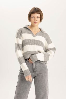 DEFACTO Relax Fit Polo Collar Striped Thessaloniki Fabric Sweater
