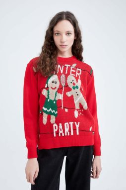 DEFACTO New Year's Themed Red Crew Neck Sweater