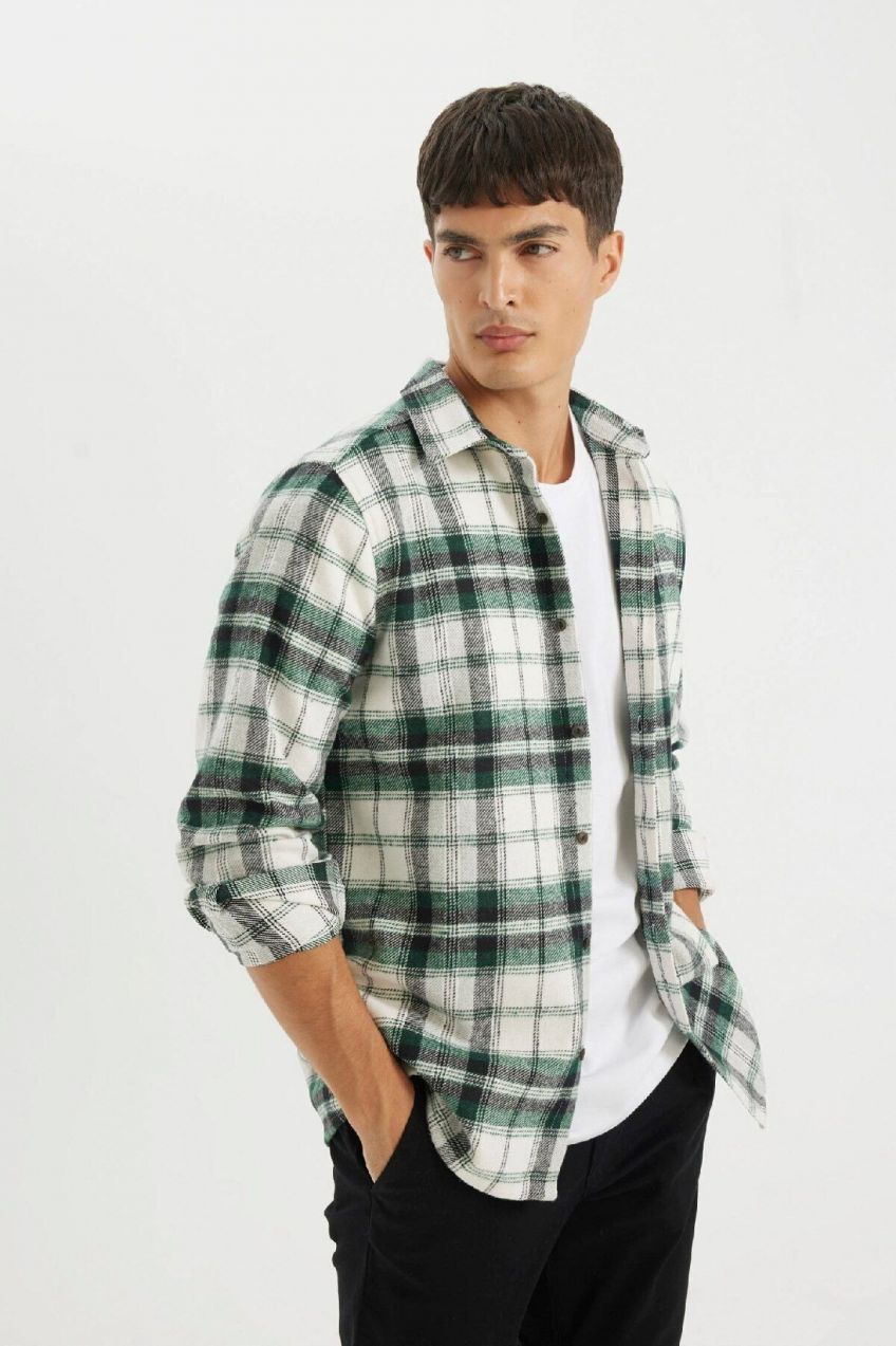 DEFACTO Regular Fit Polo Collar Plaid Flannel Long Sleeve Shirt