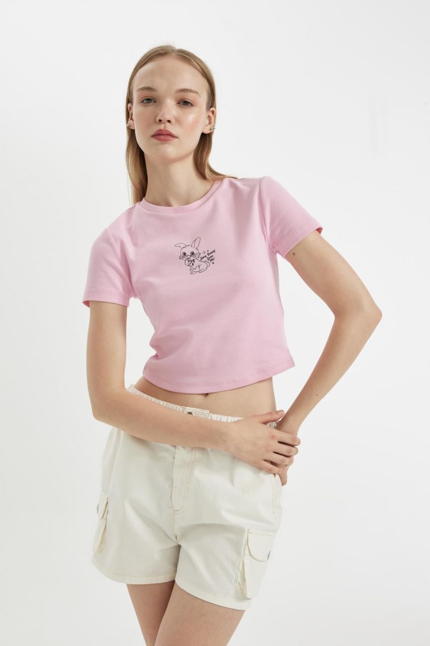 DEFACTO Cool Fitted Embroidery Print Ribbed Short Sleeve T-Shirt