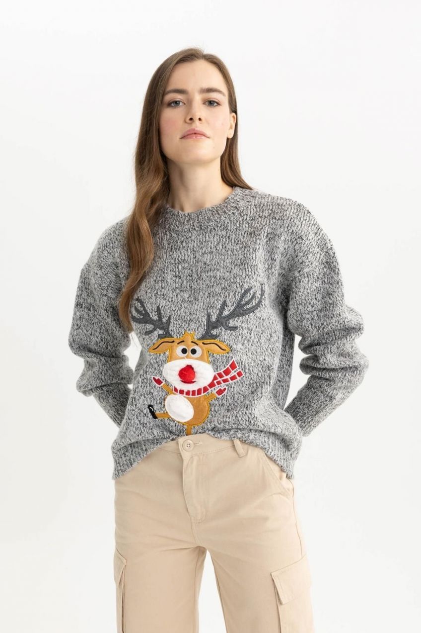 DEFACTO Christmas Themed Crew Neck Sweater