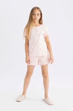 DEFACTO Girl's Patterned Ribbed Camisole Short Sleeve Pajama Set with Shorts