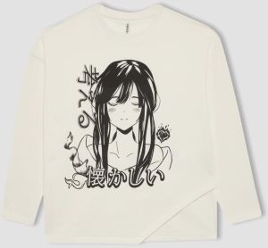DEFACTO Girl's Oversize Fit Crew Neck Printed Long Sleeve T-shirt