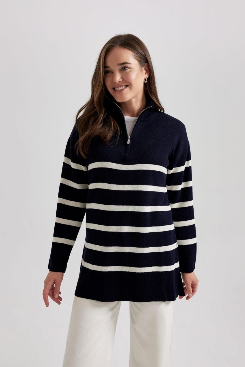 DEFACTO Regular Fit Polo Neck Striped Tunic