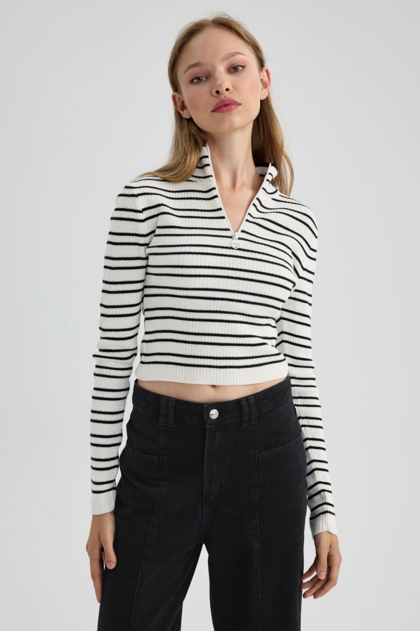 DEFACTO Slim Fit Zippered High Collar Striped Sweater