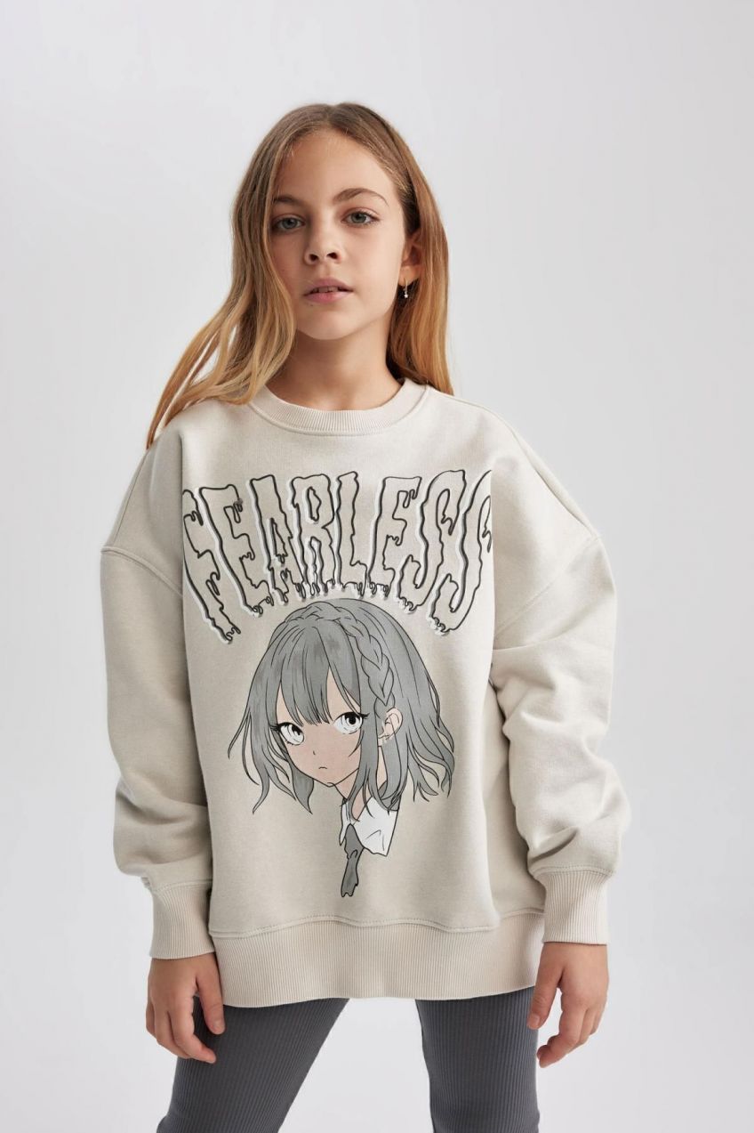 DEFACTO Girl's Oversize Fit Printed Crew Neck Soft Furry Inside Sweatshirt