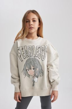 DEFACTO Girl's Oversize Fit Printed Crew Neck Soft Furry Inside Sweatshirt