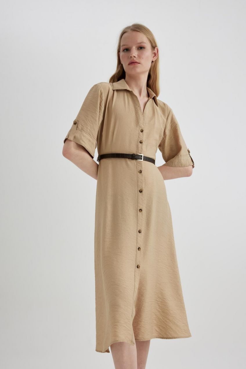 DEFACTO Shirt Collar Half Sleeve Belted Midi Dress