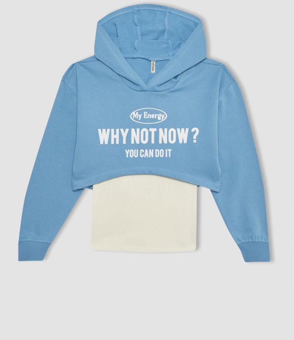 DEFACTO Girl's Oversize Fit Printed Hooded Crop Sweatshirt