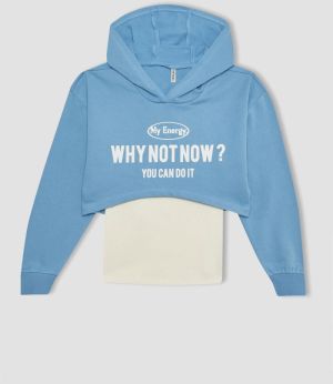 DEFACTO Girl's Oversize Fit Printed Hooded Crop Sweatshirt