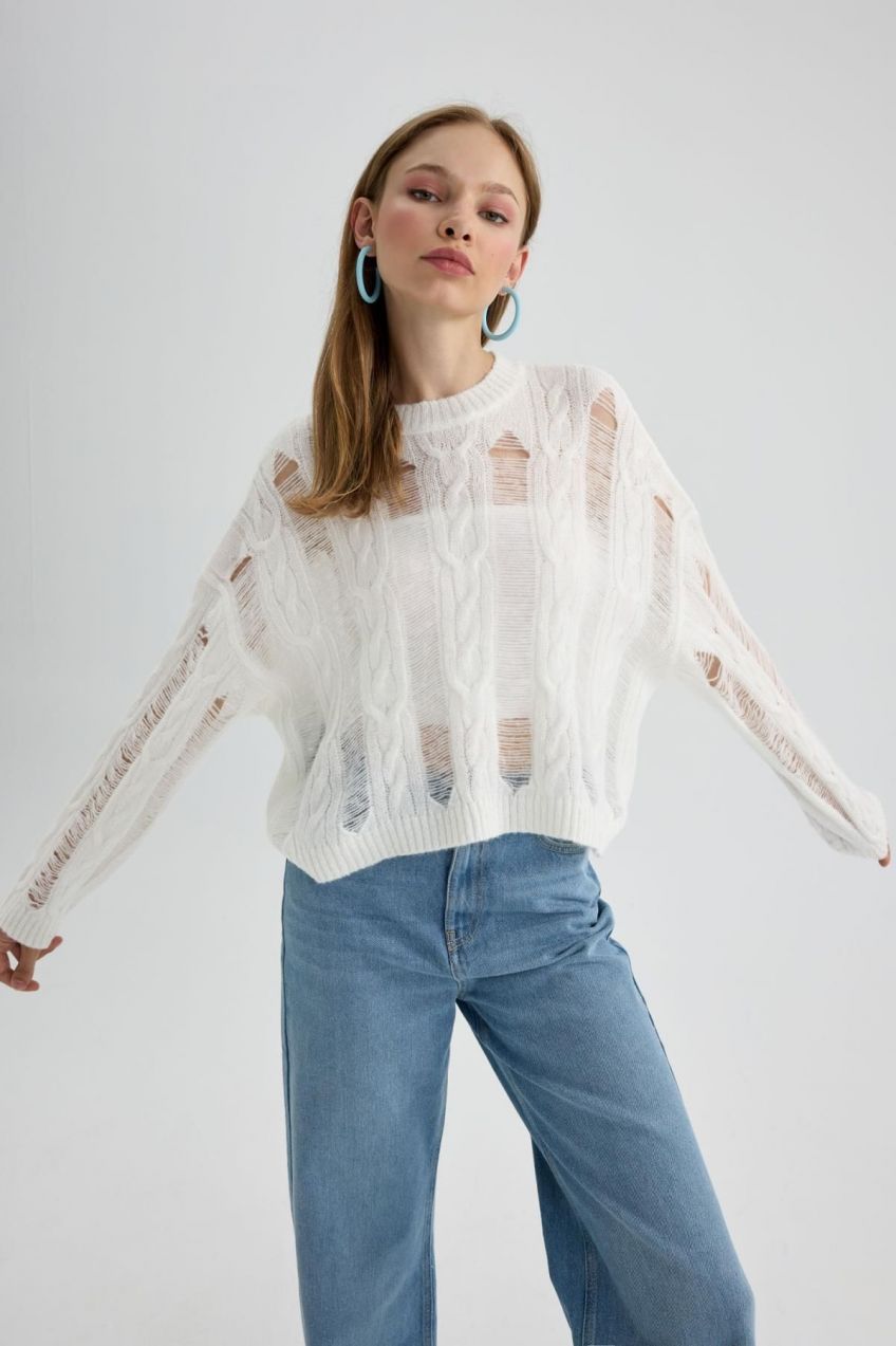 DEFACTO Crew Neck Openwork Sweater