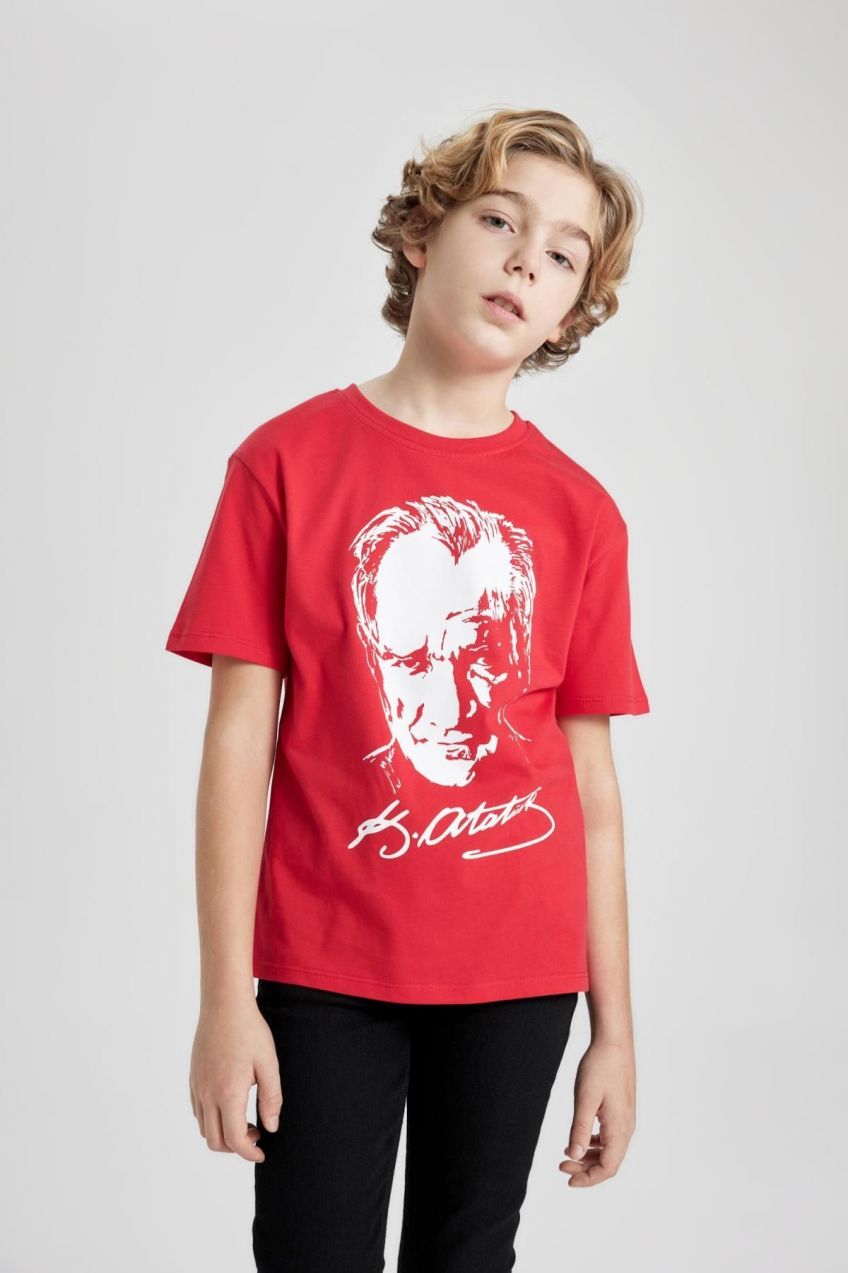DEFACTO Boy's Crew Neck Atatürk Printed Short Sleeve Red T-Shirt