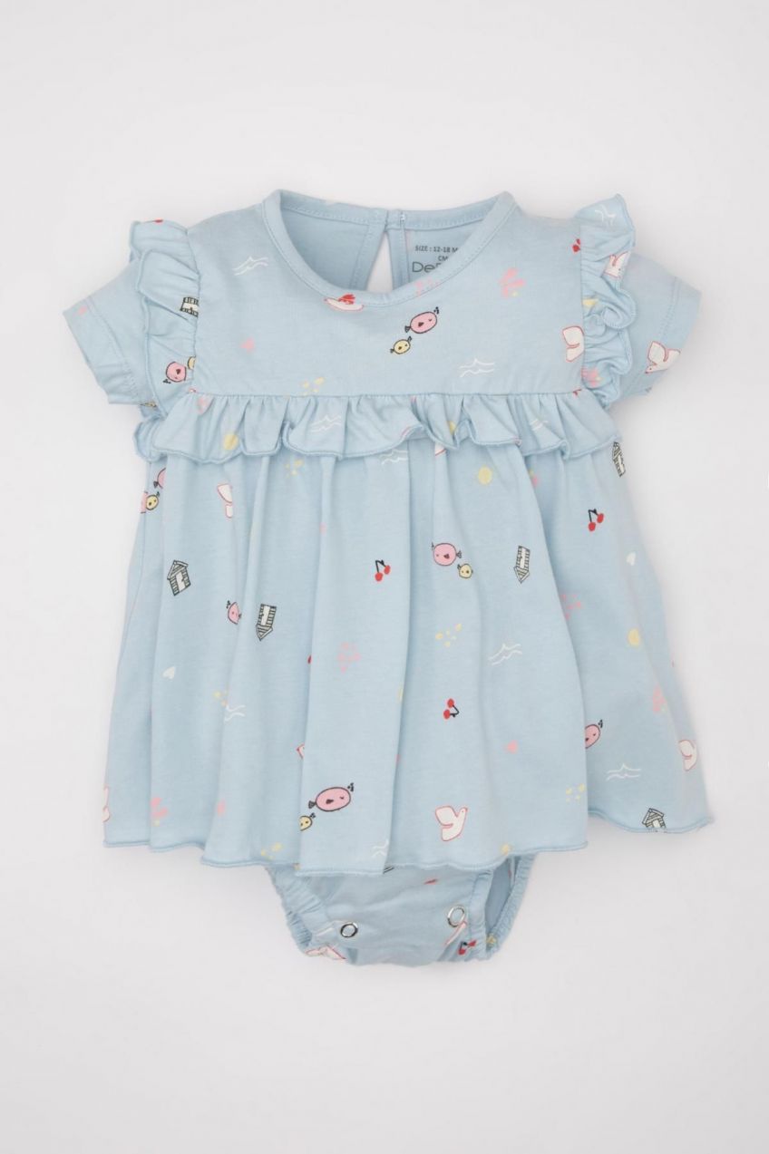 DEFACTO Baby Girl Newborn Sea Printed Short Sleeve Snap-Up Combed Cotton Jumpsuit