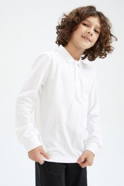 DEFACTO Boy's White Polo Neck Long Sleeve School T-Shirt