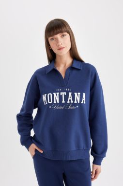 DEFACTO Relax Fit Polo Neck Printed Thick Casual Sweatshirt