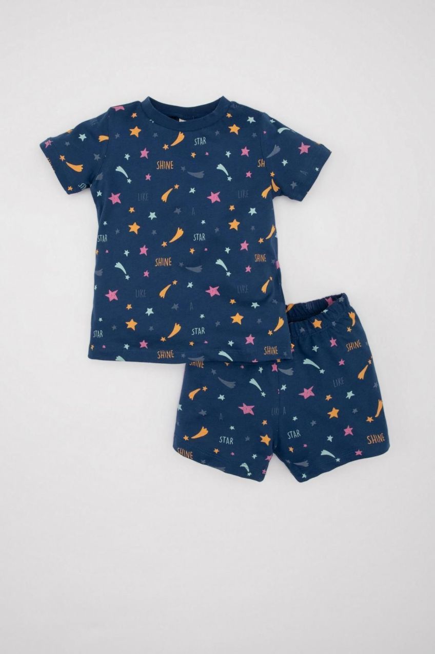 DEFACTO Baby Girl Star Patterned Glow in the Dark Short Sleeve Combed Cotton Pajama Set with Shorts