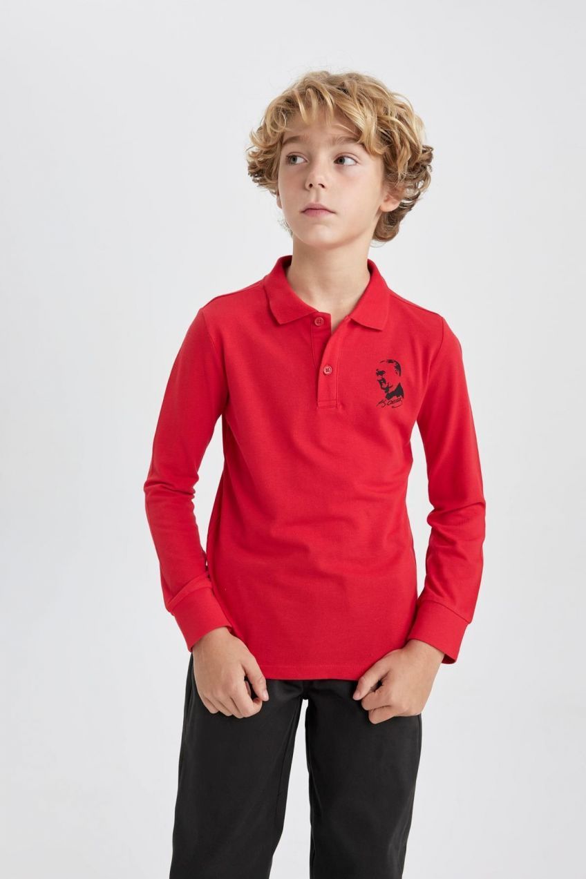 DEFACTO Boy's Red Atatürk Printed Long Sleeve Polo T-Shirt