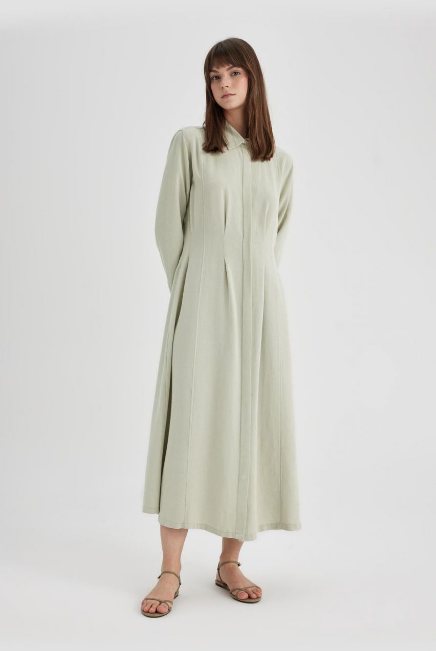 DEFACTO Shirt Collar Linen Blend Long Sleeve Dress