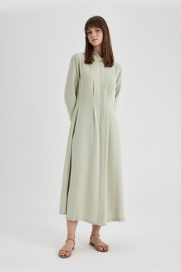 DEFACTO Shirt Collar Linen Blend Long Sleeve Dress