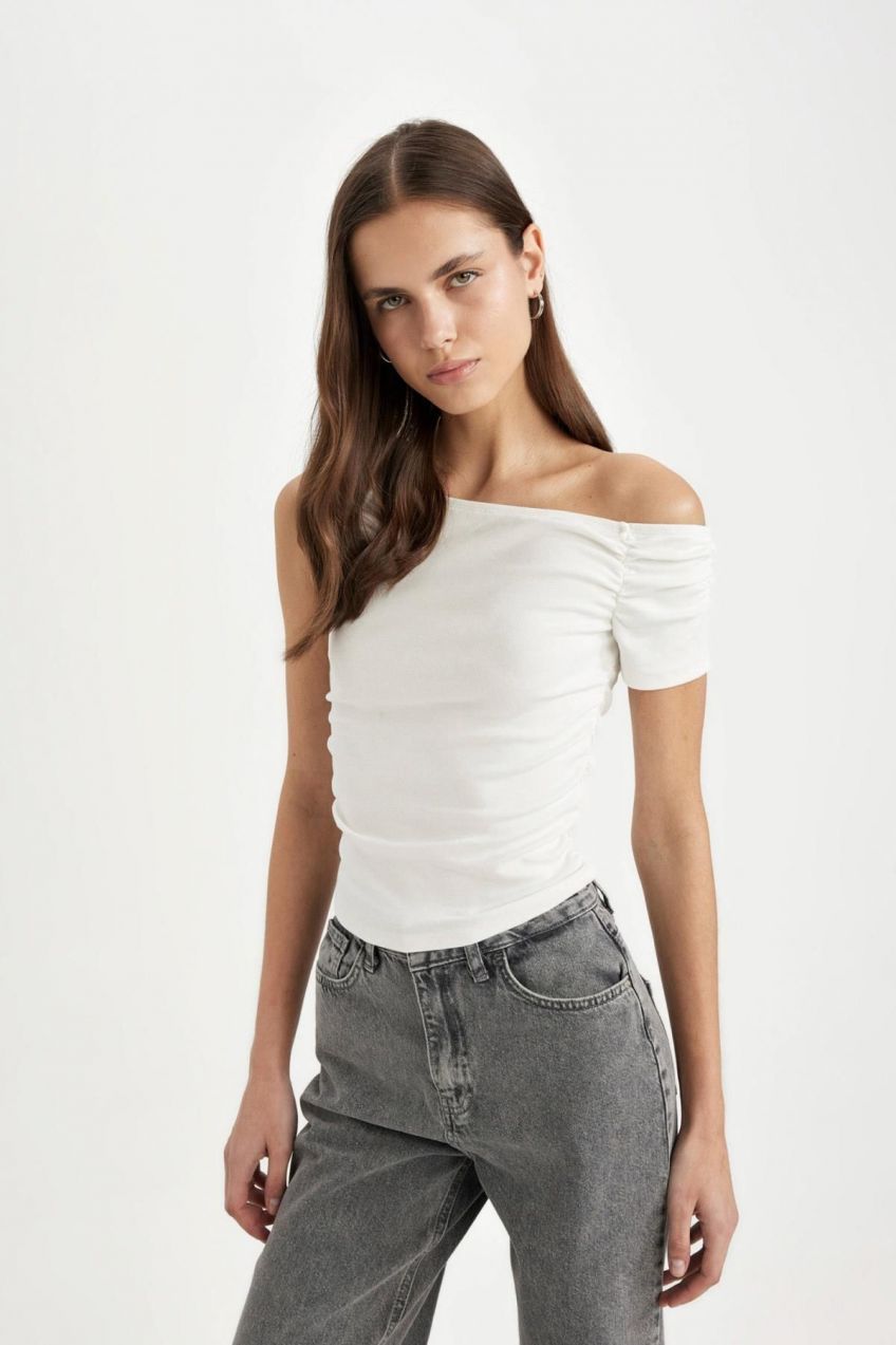 DEFACTO Slim Fit One Shoulder Ribbed Short Sleeve T-Shirt