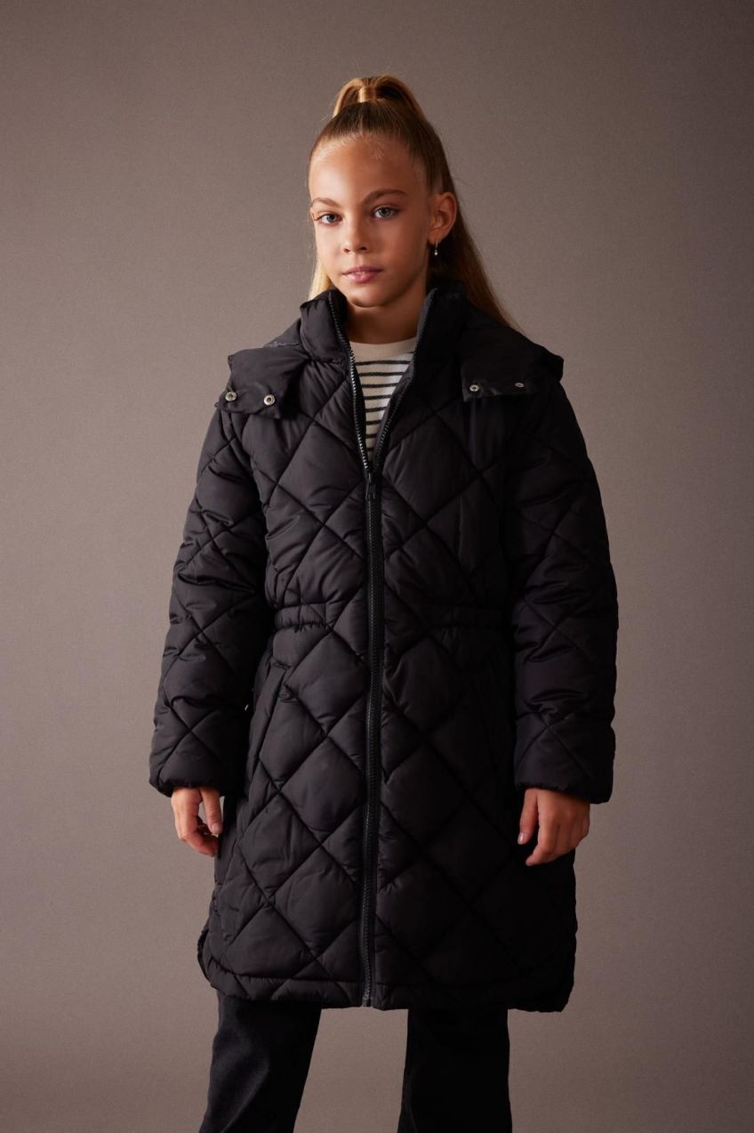 DEFACTO Girl's Water Repellent Hooded Quilted Long Coat
