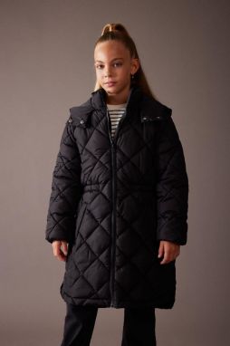 DEFACTO Girl's Water Repellent Hooded Quilted Long Coat