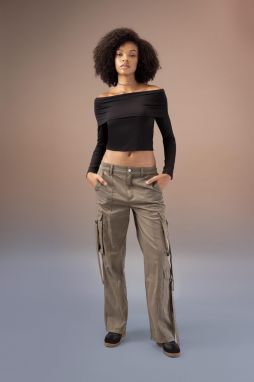 DEFACTO Straight Fit Cargo Pocket High Waist Standard Length Gabardine Trousers