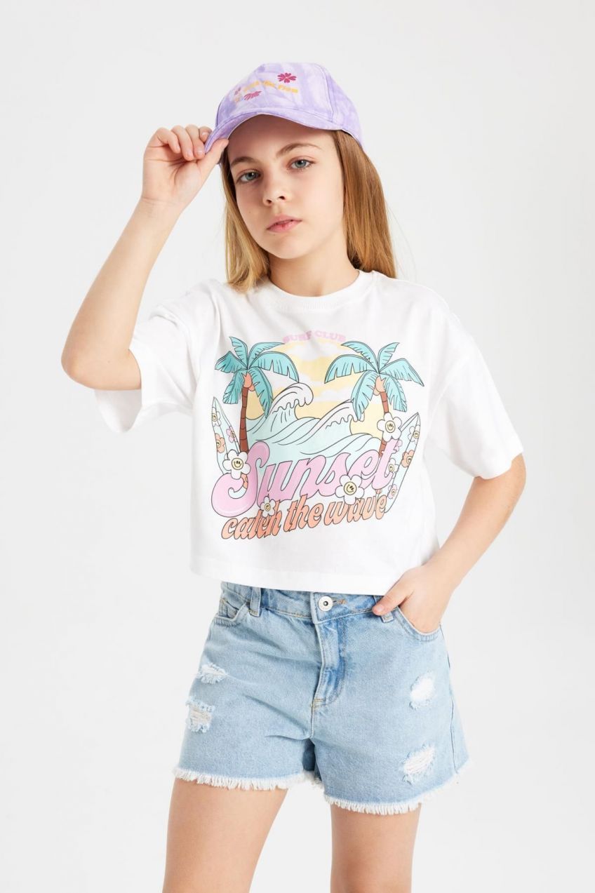 DEFACTO Girl's Crew Neck Printed Short Sleeve T-Shirt