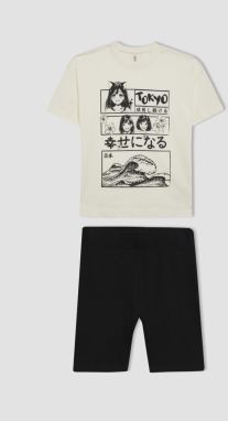 DEFACTO Girl's Printed Short Sleeve T-Shirt and Tights 2-Piece Set