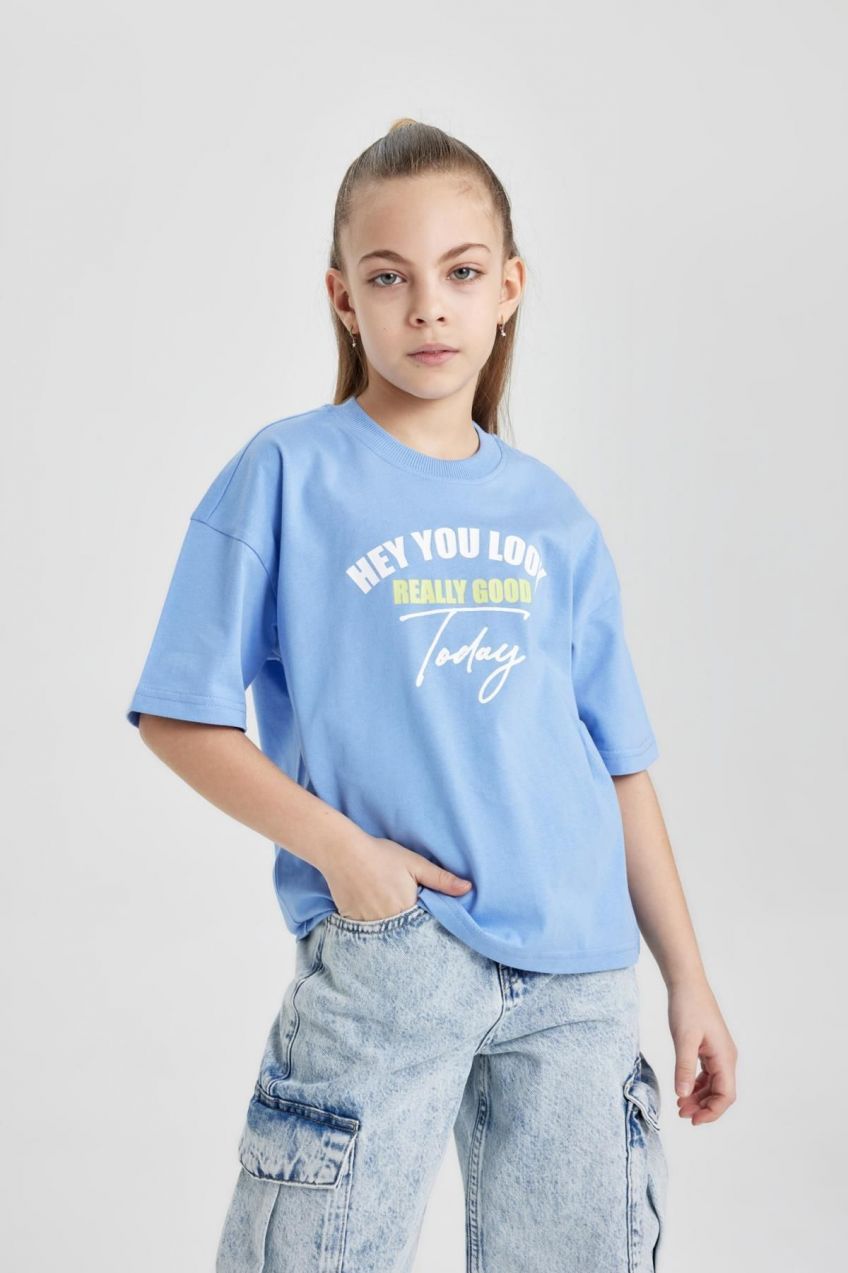 DEFACTO Girls Oversize Fit Printed Short Sleeve T-Shirt