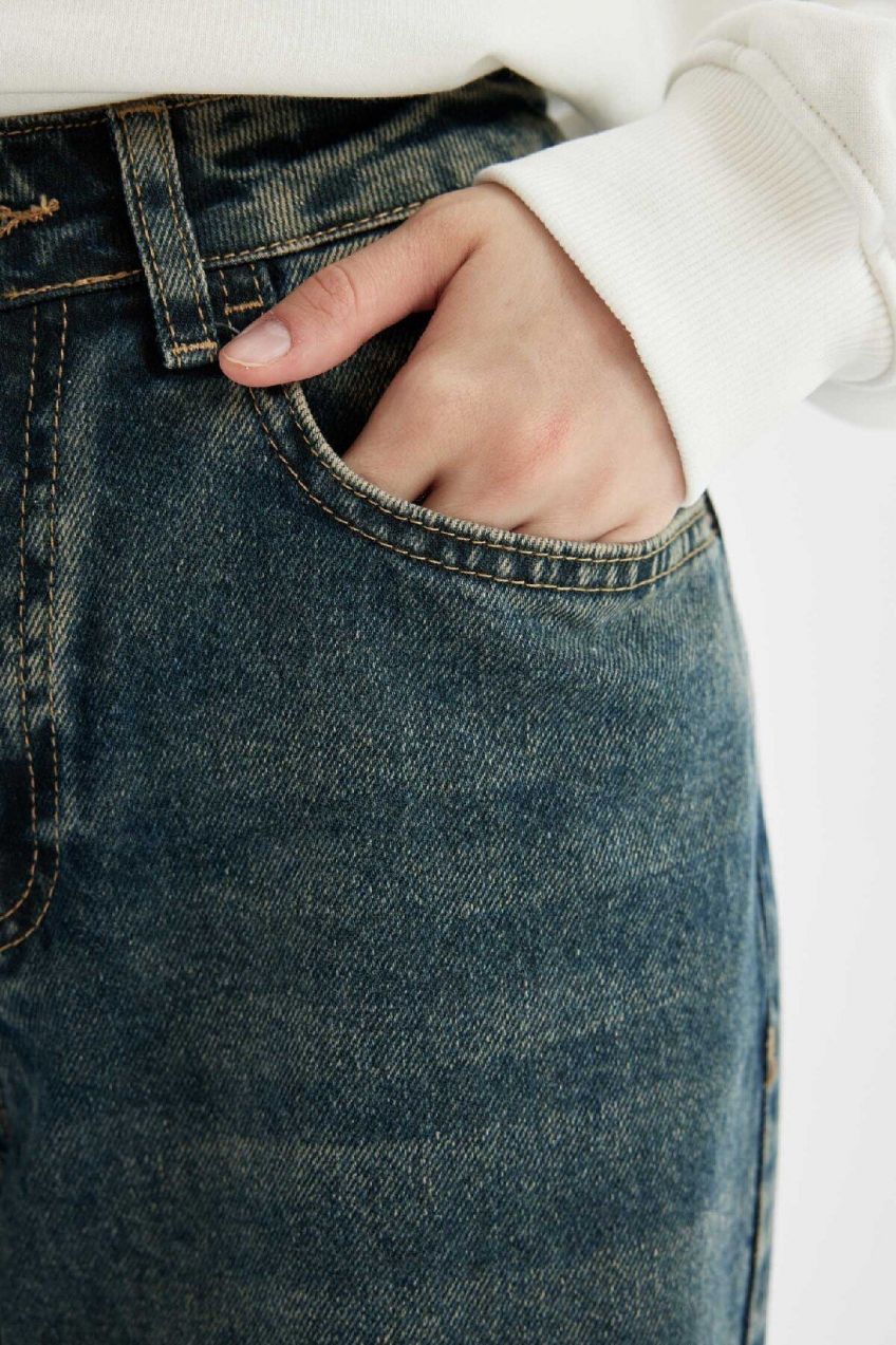 DEFACTO Straight Wide High Waist Long Jean Washed Trousers
