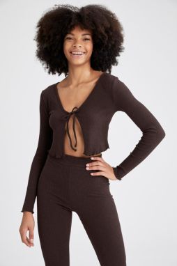 DEFACTO Slim Fit Tie Detailed Long Sleeve Crop Ribbed Cardigan