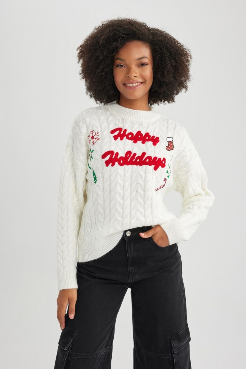 DEFACTO New Year's Themed Crew Neck Sweater