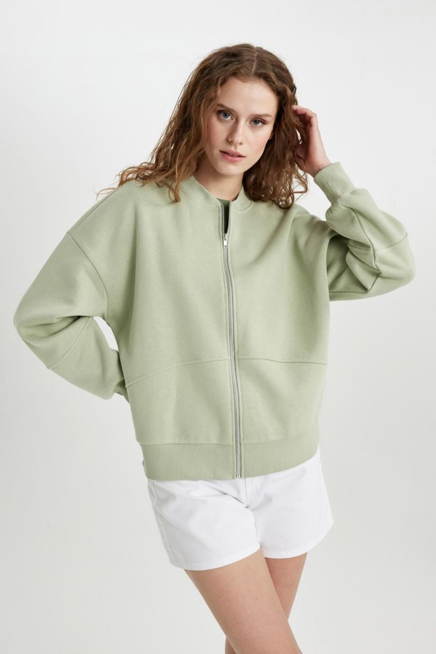 DEFACTO Oversize Fit College Collar Soft Hairy Thick Fabric Bomber Cardigan
